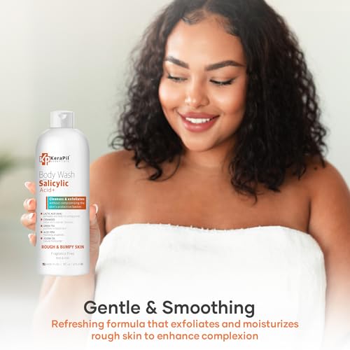 KERAPIL Exfoliating Body Wash with Salicylic Acid - No Dry Out, Gentle Exfoliates Rough and Bumpy Skin, Body Acne Wash, BHA & AHA - Coconut and Vanilla Salicylic Acid Body Wash - (16 fl oz)