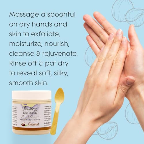 The Keys Salt Scrub -Sea Salt Scrub - Exfoliating Body Scrub with Wooden Spoon - Moisturizing Exfoliator for Hands, Foot, Bath, (3.4 Ounce (Pack of 1), Coconut)