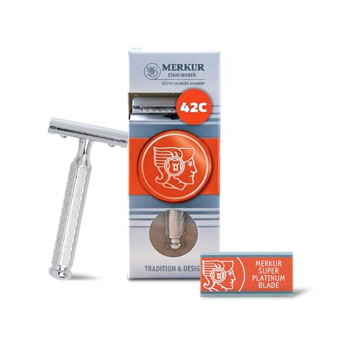 MERKUR 42C Double Edge Safety Razor, Hexagonal Handle, Three-Piece Design, Closed Comb Straight Bar, Bright Chrome Finish, Made in Germany