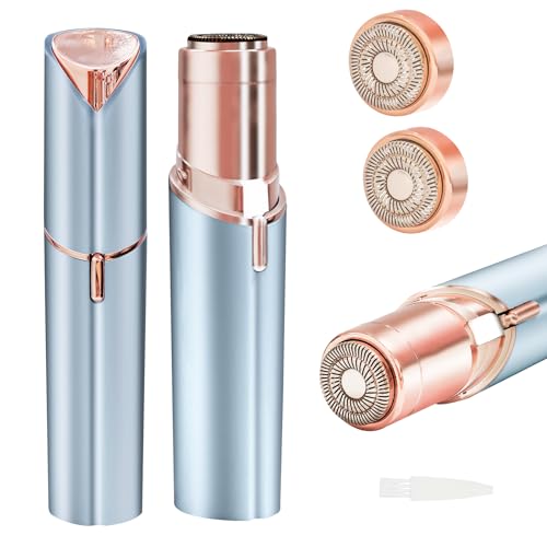 Facial Hair Removal for Women,Electric Rechargeable Face Shaver,Painless Gentle Trimming for Peach Fuzz,Lip,Chin with 2 x Replacement Heads (Blue)