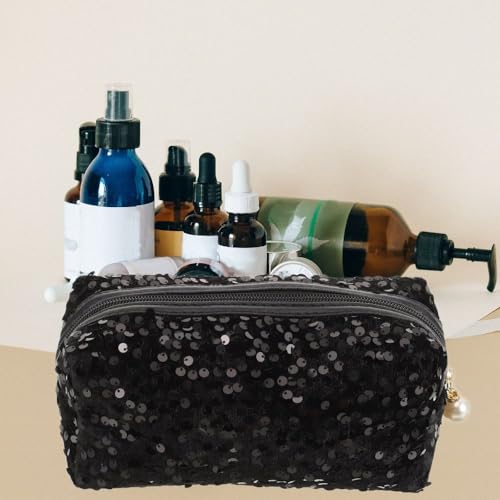 HomeSoGood Sequin Cosmetic Bag Large Glitter Makeup Zipper Bag Toiletry Bag Capacity Travel Cosmetic Handbag for Women Girls Travel Daily Use(Black)