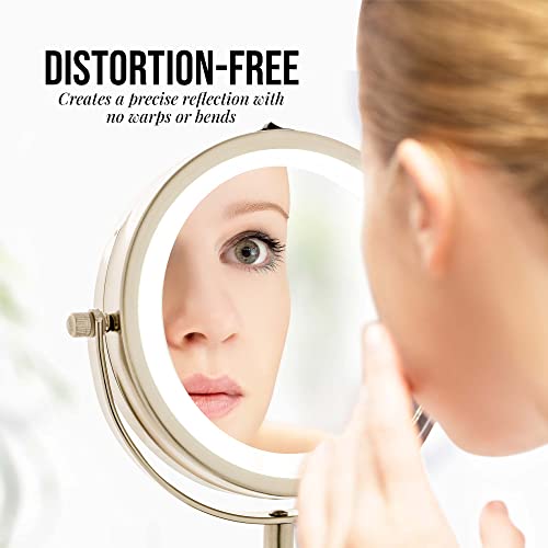 OVENTE Lighted Vanity Mirror 6 Inch Table Top 1X 7X Magnification LED 360 Adjustable Double Sided Spinning Personal Makeup Stand Desk Bathroom Battery Powered Round Large Nickel Brushed MLT60BR1X7X