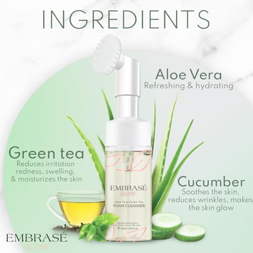Foaming Facial Cleanser - Infused with Green Tea, Aloe Vera, and Cucumber - Facial Cleanser for Women & Men - Gentle for All Skin Types! - Natural Face Wash