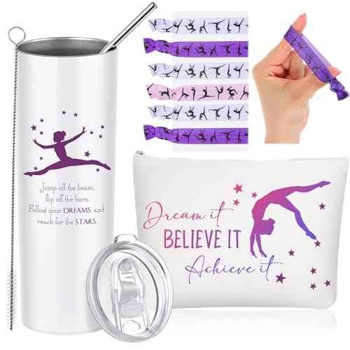 Junkin 3 Pcs Christmas Gymnastics Gifts for Women Include Stainless Steel Tumbler with Straw Makeup Bag Elastics Hair Ties for Gymnastics Lover(Purple)