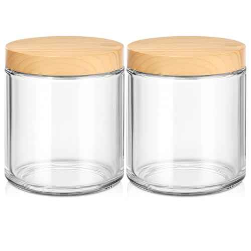 Small Glass Containers with Lids, 8 oz Glass Jars with Plastic Woodgrain Lids & Inner Liners, Reusable Travel Containers for Creams, Makeup, Lotion, Cosmetic - 2 pack