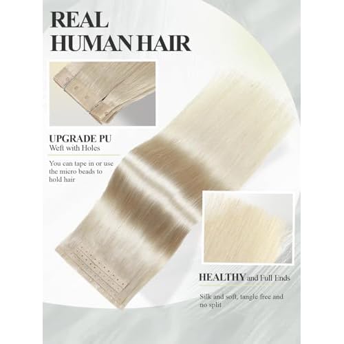Human Hair Extensions Micro Ring PU Hair Extensions Glueless Remy Human Hair Extension with Holes Platinum Blonde Invisible Tape in Hair Extension for Women (35g 4Pcs,18 Inch)