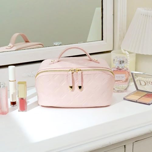 Travel Makeup Bag,Cosmetic Bags for Women,Waterproof Portable Pouch Open Flat Toiletry Bag Diamond-patterned style Makeup Bag (Pink)