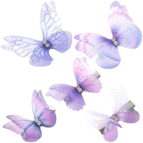 5Pcs Purple Butterfly Hair Clips, Gradient Rhinestone Organza Barrettes Christmas Bachelorette Party Halloween Rave Festival Concert Hair Accessories for Women