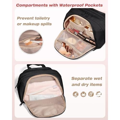 Travel Makeup Bag, Small Size Waterproof Toiletry & Cosmetic Organizer with Leakproof Pockets for Bathroom or Vanity Use for Women, Black