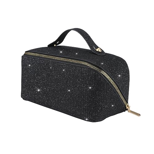 KEYPOWER Large Capacity Glitter Sequin Cosmetic Bag Travel Makeup Bag Sparkly and Shiny Portable Toiletry Bag with Handle for Women (Black)