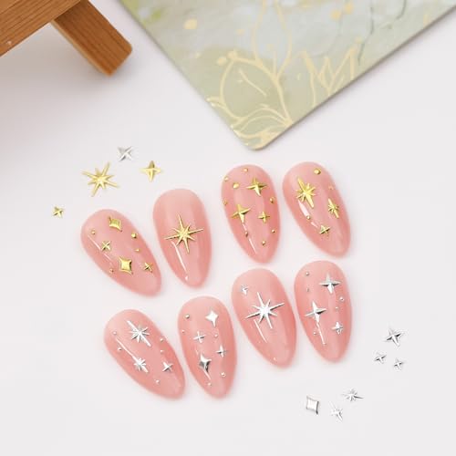 400Pcs Star Nail Charms for Nails Art 3D Gold Silver Star Nail Charms Metallic Studs Rhinestones Stars Nail Jewelry Decorations Manicure Kit Supplies Accessories for Women Acrylic Manicure Salon
