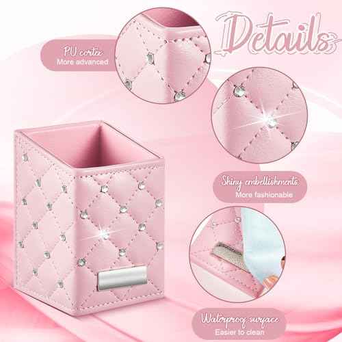 ReliThick 2 Pcs Pink Makeup Brush Holder Crystal Bling Brushes Cup PU Leather Waterproof Glitter Makeup Holder for Women Travel Cosmetic Storage Organizer Dresser Vanity Accessories