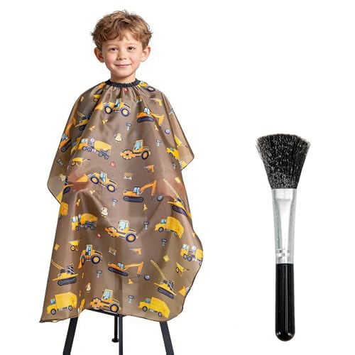 Gealaek Construction Site Kid Cape 55x40in with Neck Duster Brush Set (Brown) – For Boys & Girls