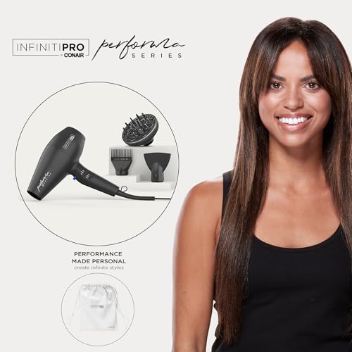 Conair Infiniti Pro Hair Dryer with Diffuser Plus 2 Other Attachments and Drawstring Storage Bag | Performa Series Hair Dryer | Blow Dryer with Professional Performance Motor | Black