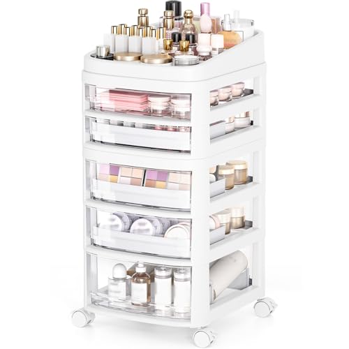 Clear Rolling Cart with 5 Drawers - Dust-Proof Storage for Makeup & Crafts
