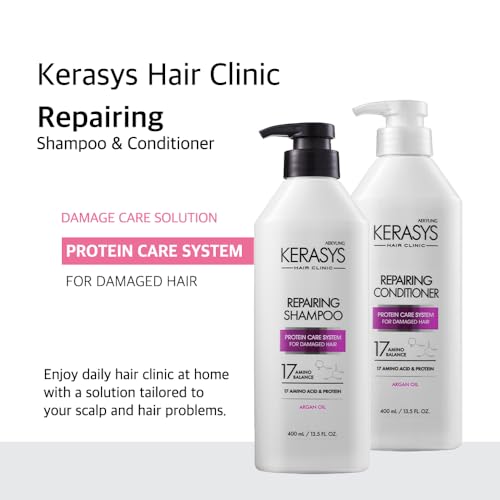 Kerasys Hair Clinic Protein Care Shampoo & Conditioner Set for Damaged Hair, Argan Oil, 13.5 fl oz / 400 ml