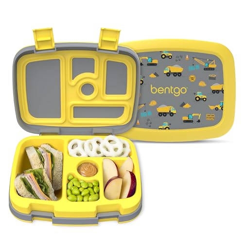 Bentgo Kids Prints Leak-Proof, 5-Compartment Bento-Style Kids Lunch Box - Ideal Portion Sizes for Ages 3-7, Durable, Drop-Proof, Dishwasher Safe, & Made with BPA-Free Materials (Construction Trucks)