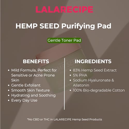 LALARECIPE Hemp Seed Purifying Facial Pads ? Korean Toner Pads with 83% Hemp Seed Extract & 5% PHA ? Gentle Exfoliating & Hydrating Skincare for Sensitive & Troubled Skin (70 Pcs)