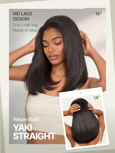 Frodio 14 Inch Yaki Straight Half Wig with 180% Density - Glueless, Natural Look