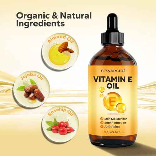 Organic Vitamin E Oil (4.05 Fl Oz), 50,000 IU Face and Body Moisturizer with Almond, Jojoba, and Rosehip Oils, Skincare & Face Moisturizer for Healthy Radiant Skin