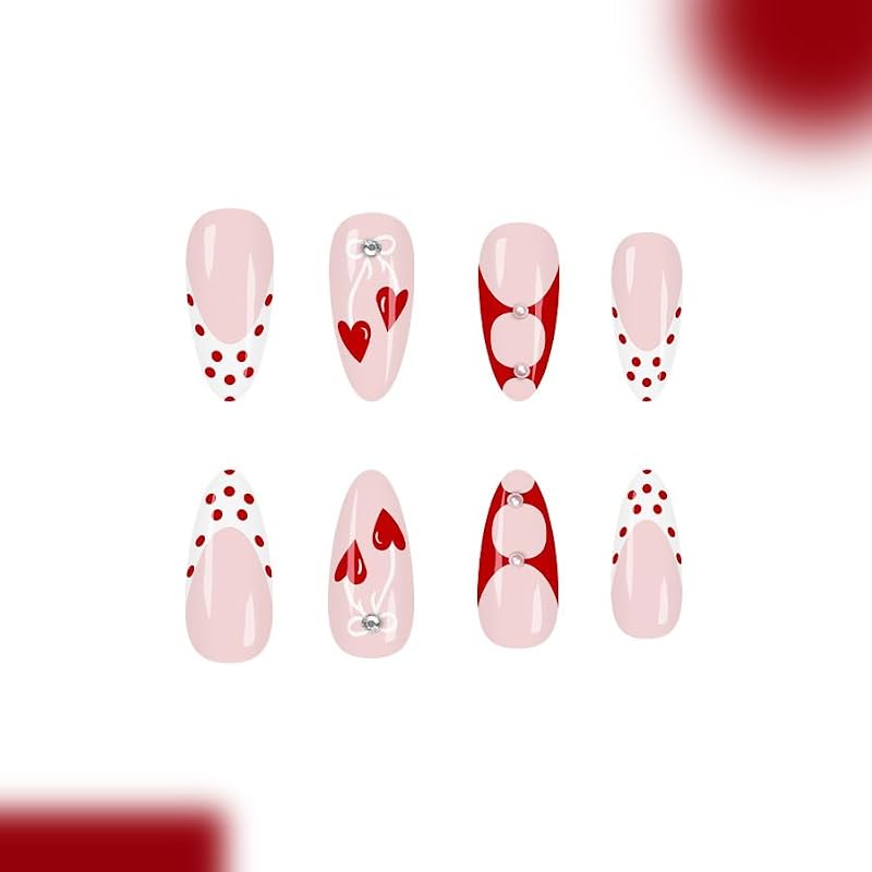 Polka Dot Almond Press-On Nails with Cherry Bow Design - 24 Pcs