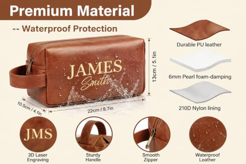Giftoria Brown Personalized Men’s Toiletry Bag - Custom Leather Travel Organizer