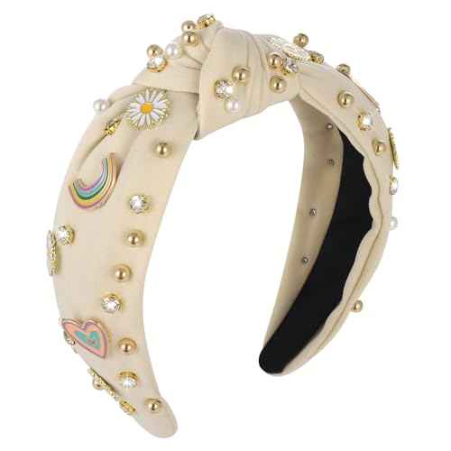 Boho Rainbow Daisy Headband - Pearl Knotted Twist Headpiece for Women & Girls, Beige, Sparkly Crystal Rhinestone
