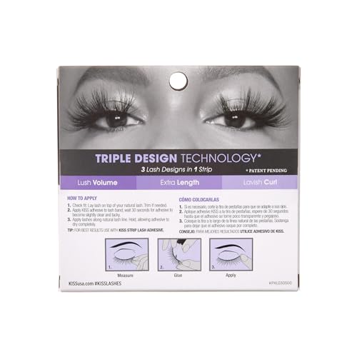 KISS Lash Couture Triple Push Up XL Collection False Eyelashes, 3D Volume in Extra Long Length with Triple Design Technology, Cruelty-Free and Reusable, Style 'Slip', 1 Pair Fake Eyelashes (Pack of 3)