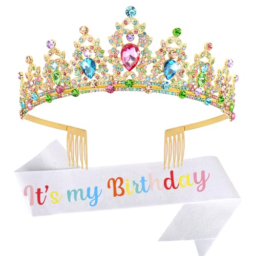 YISSION Birthday Girl Sash & Crown, Colorful Princess Tiara Crown for Women Girls, Happy Birthday Queen Crown & Sash, Birthday Tiaras & Crowns for Women, Birthday Headband, Birthday Party Decorations