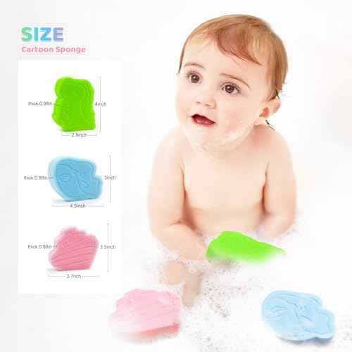Baby Bath Sponge, Natural Cute Shapes Soft Shower Sponges for Bathing, Bathtub Foam for Infants and Toddler, 3pcs : Blue Whale, Pink Ship, Green Dinosaur