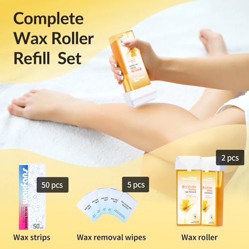 Waxfans Roll On Wax Refill,Wax Roller Refill for Hair Removal,Quick Melting - For Coarse and Fine Hairs.with 2 Honey Waxing Rollers, 50 Waxing Strips(Honey)
