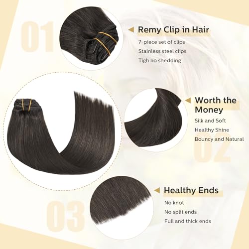 Clip in Hair Extensions Human Hair Double Weft 8A Grade No Tangling No Shedding 100% Remy Human Hair 15 Inch 7pcs 70g Dark Brown Hair Real hair for Fashion Women