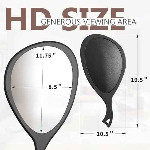 Large Handheld Mirror with Handle - 10.5" W x 19.5" L Extra Large Size to See The Entire Back of Your Head, Clear Without Distortion, Ergonomic Handle with Hanging Hole for Hanging, Oval, Black