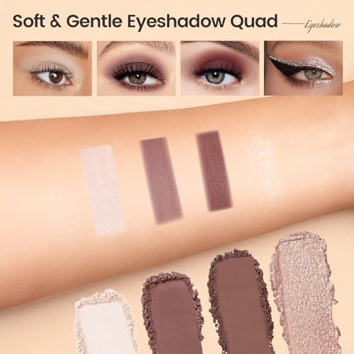 Noerrors Plum Light Burgundy Eyeshadow Quad Palette, Nude Beige Brown Taupe Mauve Natural Velvet Matte Eyeshadow for Women, Silky Fine Powder Lightweight Blendable Neutral Shimmer Eye Makeup Palette