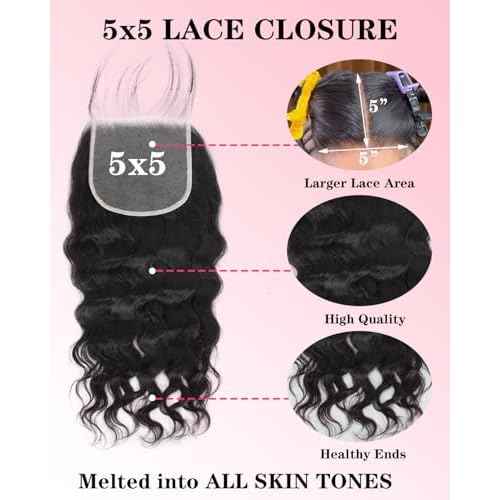 Loose Wave Bundles Human Hair with 5x5 Closure, (20 22 24+18) 12A 100% Real Human Hair Loose Deep Wave Bundles with Closure 5x5 Natural Color Unprocessed Brazilian Virgin Human Hair Extension