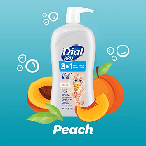 Dial Kids All-in-1 Body + Hair + Bubble Bath, Peach Scent, 32 Fl Oz, Hypoallergenic Body Wash & Shampoo, No Tears Formula for Kids 2+ Years, No Parabens & Silicones (Pack of 2)
