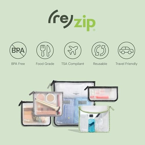 (re)zip Zippered Travel Organization Kit | 9-Piece Set Including Zippered Gallon, Medium, & Small Bags, and Carbiner Clip-On Bags | Compact & Lightweight for Snacks, Documents, Toiletries, & More
