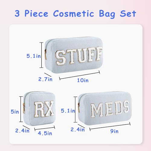 uekeboag Seersucker Chenille Letter Stuff Meds RX Makeup Bag, Travel Washable Purse Organizer with Zipper, Lightweight Toiletry Cute Personalized Preppy Cosmetic Bag For Women and Girls(3pcs Blue)