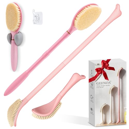 New Foot Brush & Back Scrubber Set 2PCS, 10.2''- 27.5'' Adjustable Foot Scrubber for Shower, 18.9'' Shower Back Scrubber with 3-Length Usage, Great Aid for People with Limited Mobility(Pink)