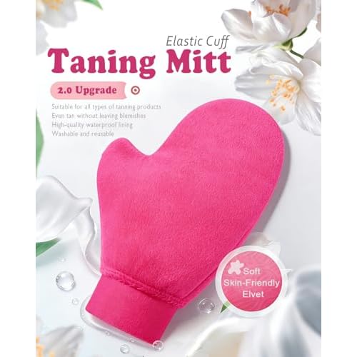 2 in 1 Professional Self Tanning Mitt Kit - Luxury Self Tanner Mitt, Self Tan Mitt And Brush Tanning Glove Kabuki Body Brush For Streak-Free Lotion, Sunless Spray Tan On Face And Body Rose Pink