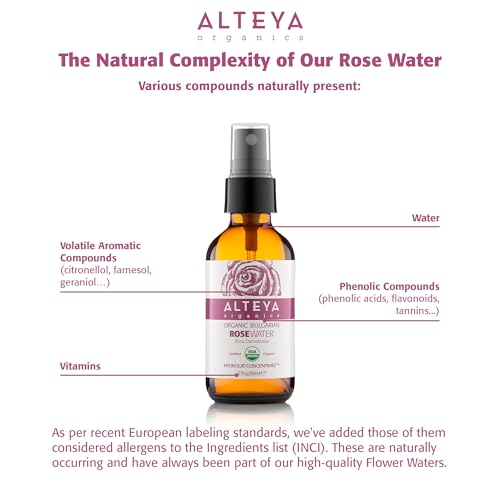 Alteya Organics Rose Water USDA Certified Organic Facial Toner, 2 Fl Oz/60mL Pure Bulgarian Rosa Damascena Flower Water, Award-Winning Moisturizer Amber Glass Spray Bottle