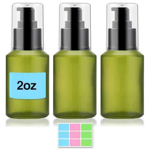 3PCS 60ML/2OZ Empty Green Frosted Glass Bottles with Pump Refillable Vial Cosmetic Dispenser Jars Storage Travel Lotion Container Portable Sample Bottle for Toiletries,Foundation,Cream,Gel,Lotion
