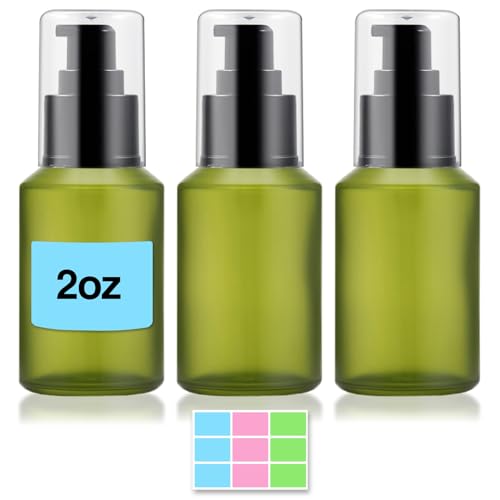 3 Pack 2oz Green Frosted Glass Pump Bottles - Refillable Travel