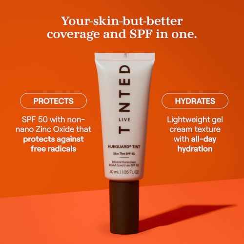 Live Tinted Hueguard Skin Tint SPF 50 - Tinted Mineral Sunscreen with Light-Medium Buildable Coverage With a Hydrating and Radiant Finish - Water and Sweat Resistant, 1.35 fl oz - Shade 08