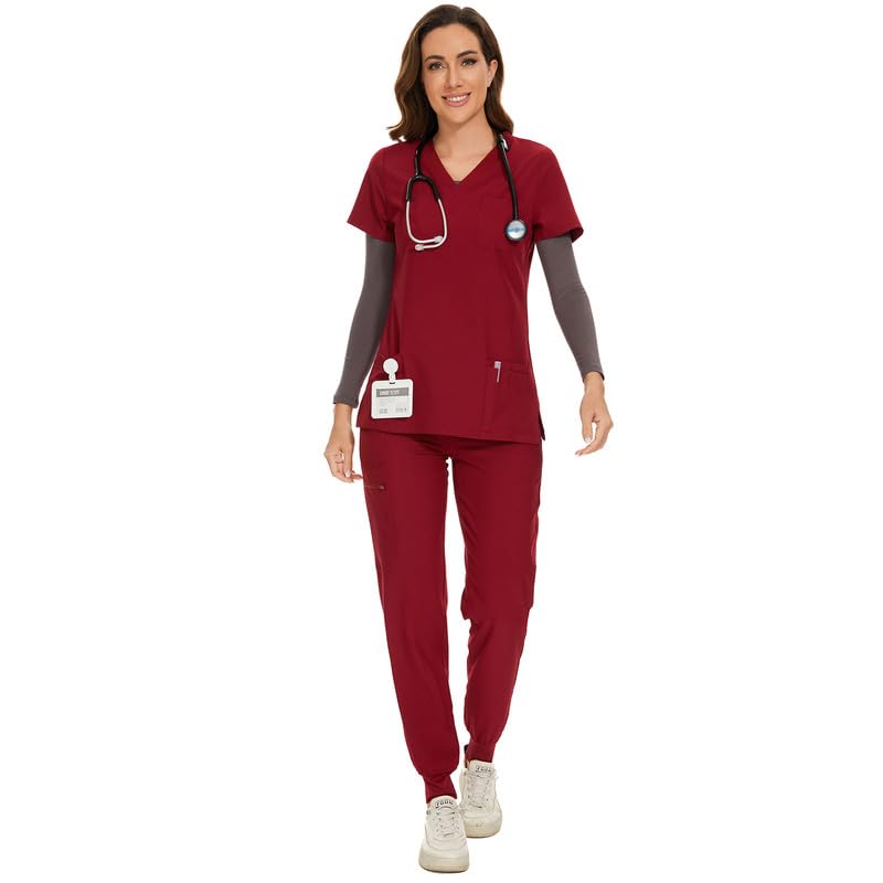 COZYFIT Scrubs for Women Set - Stretch V-Neck Scrub Top & Jogger Pant with 8 Pockets, Yoga Waistband, Anti Wrinkle, Slim Fit Women Scrubs