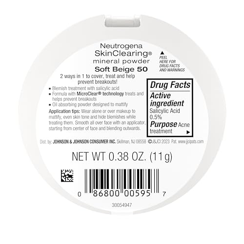 Neutrogena SkinClearing Mineral Acne-Concealing Pressed Powder Compact, Shine-Free & Oil-Absorbing Makeup with Salicylic Acid to Cover, Treat & Prevent Breakouts, Soft Beige 50,.38 oz