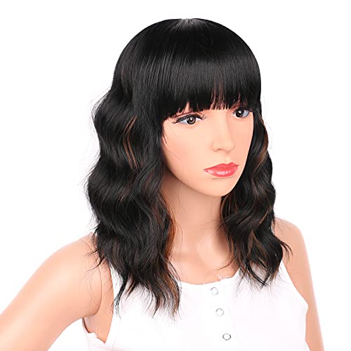 Ucubb Black Mixed Brown 14 Inch Short Wavy Curly Hair Wigs with Bangs - Shoulder Length Synthetic Heat Resistant Wigs for Black Women