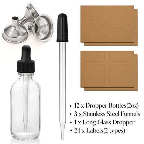 12 Pack 2oz Glass Dropper Bottles w/ Funnels & Labels