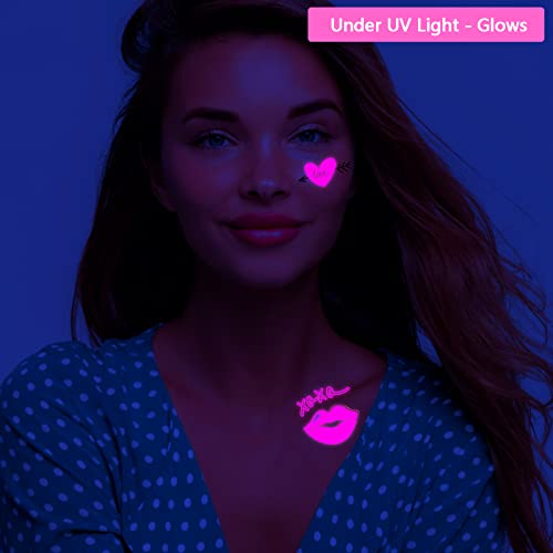 UV Neon Temporary Tattoos 170 Pieces Pink Heart Shaped Shimmer Designs Love Glow In The Dark Tattoos Stickers Flash Fake Waterproof Tattoos for Women Men Body Face Art