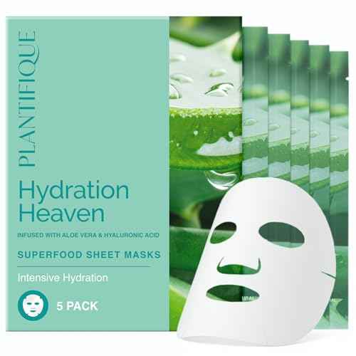 PLANTIFIQUE Facial Sheet Mask Hydration Heaven 5 pack ? Aloe Vera & Hyaluronic Acid Hydrating & Refreshing Face Masks ? Korean Skincare for Dry or Tired Skin